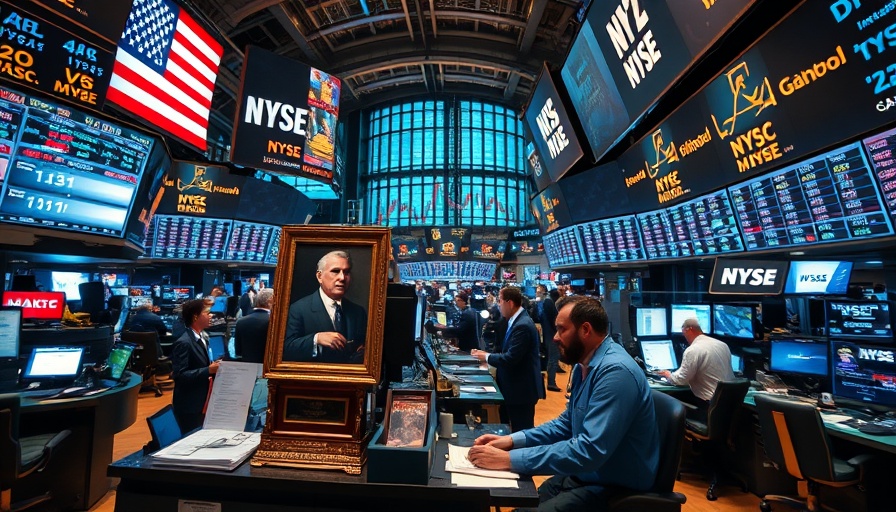 Busy trading floor with a framed portrait and trading memorabilia.