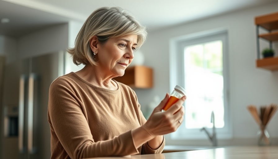 Middle-aged woman examines antidepressant prescription, kitchen setting.