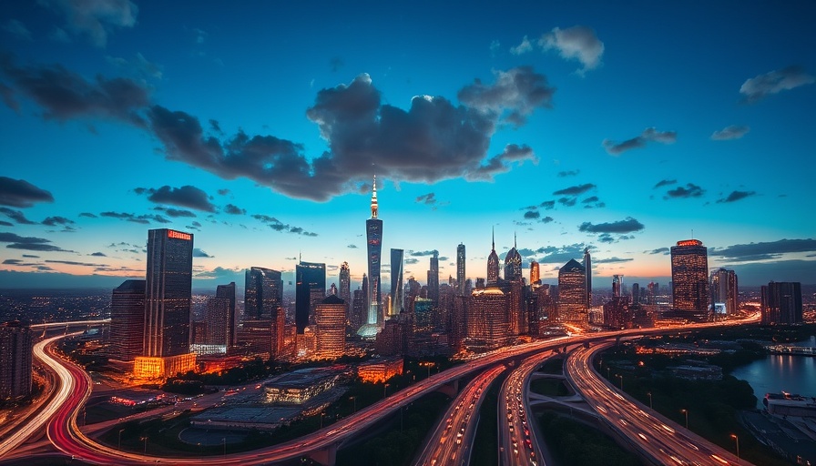 CBRE Group Inc stock: urban skyline illuminated at night.