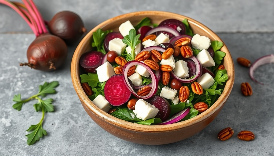 Colorful beet salad recipe with arugula, goat cheese, and pecans.