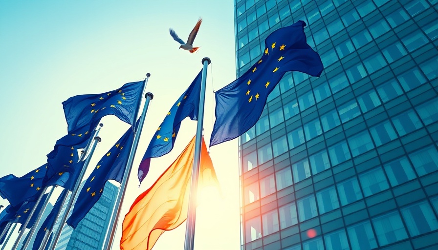 European Union flags flutter in the wind against a clear sky, representing unity.