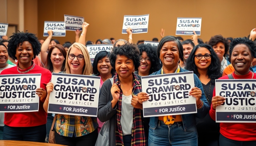Candid photo of enthusiastic crowd with Susan Crawford signs.
