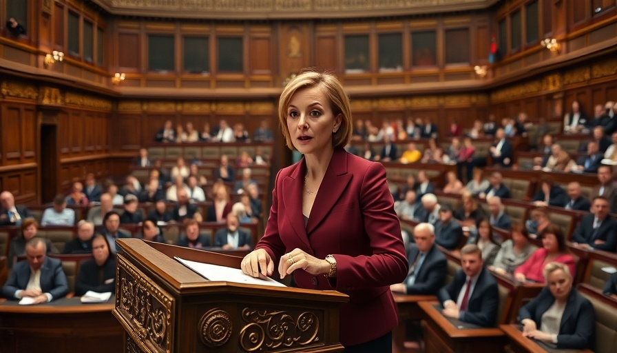 Confident female politician addresses parliament, Britain's economic growth challenges.