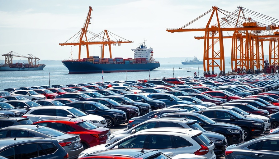 Cars awaiting export at a bustling harbor with cargo ship; China export boom.