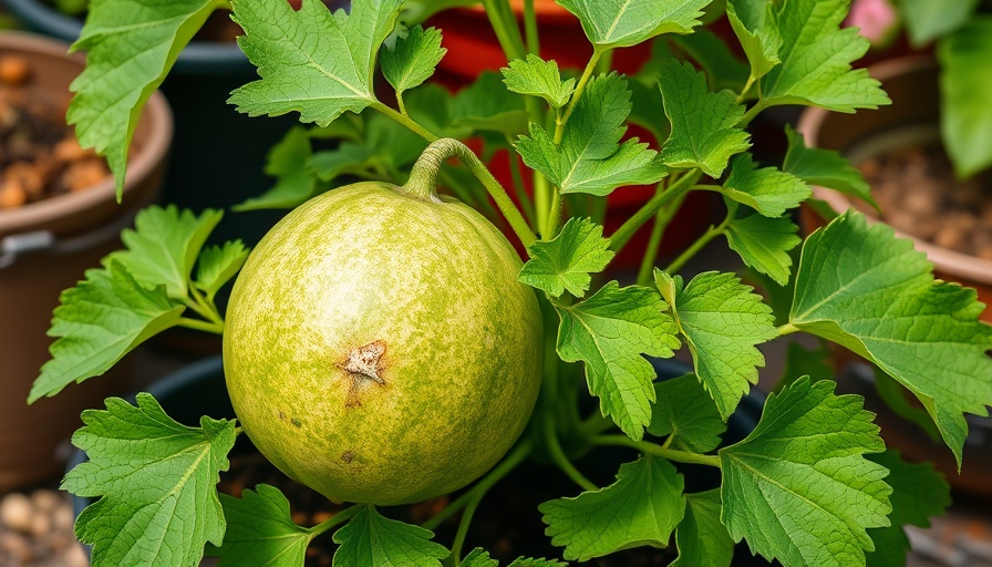 Vibrant cantaloupe growing in containers under sun.