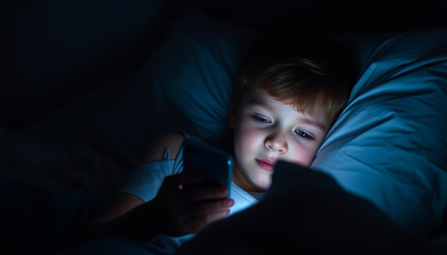 Young boy using phone in bed, screen time and sleep quality.