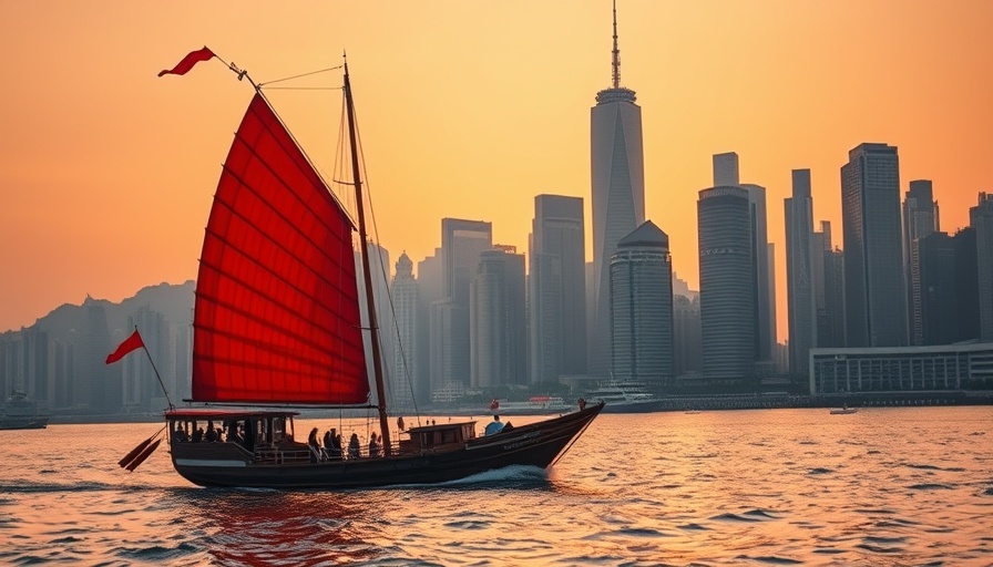 Traditional boat and city skyline, corporate sustainability commitments.