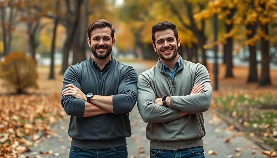 Smiling men outdoors in autumn park, AI microservices expansion.
