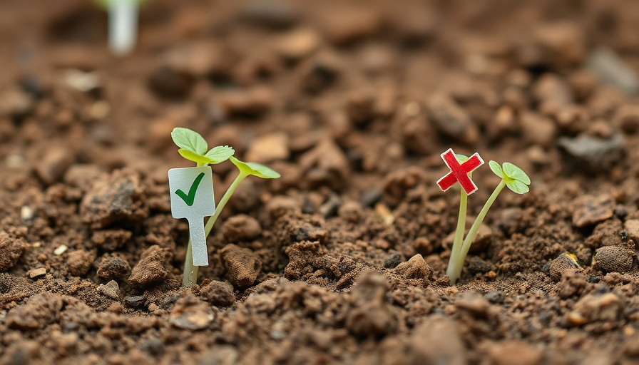 Young seedlings on soil for growing vegetables in April 2025.