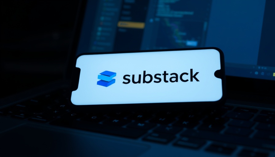 Substack logo on smartphone over laptop keyboard, Substack video feed.