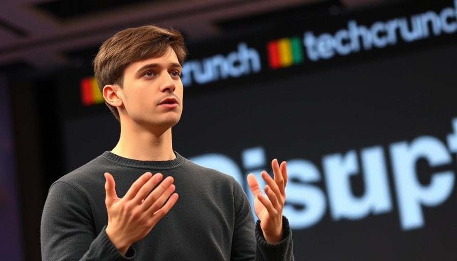 Young man speaking at conference, AI video generator discussion.