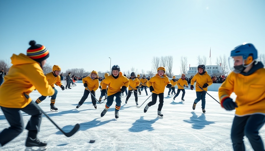 Children playing hockey outdoors on frozen pond, dynamic winter scene.