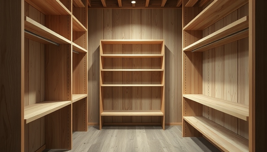 Unfinished walk-in closet with wooden shelves, adding trim project