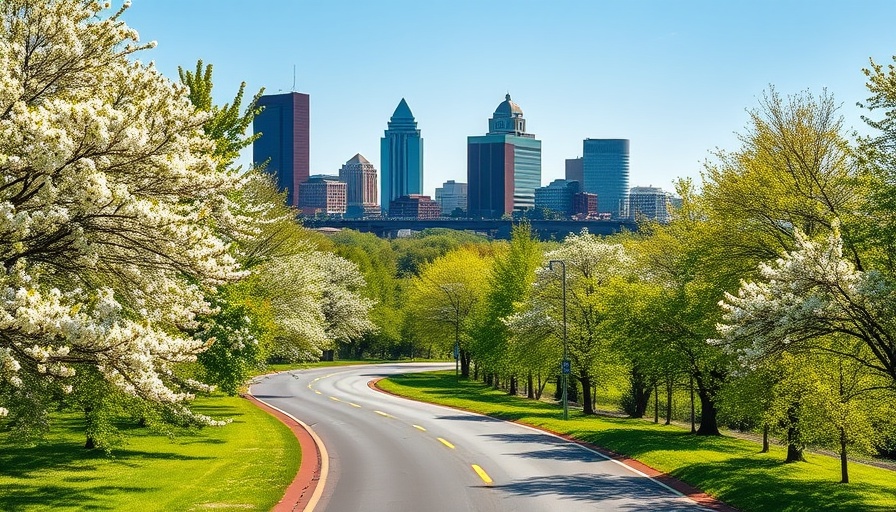 Picturesque Raleigh skyline with blooming trees, showcasing pros and cons of living in North Carolina.