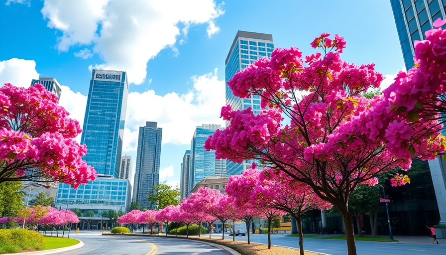 Vibrant cityscape with blooming pink trees and skyscrapers in North Carolina.