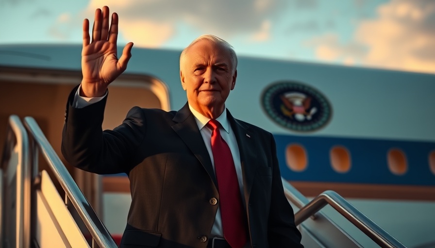 Older man departing plane, waving in evening, Photorealistic.