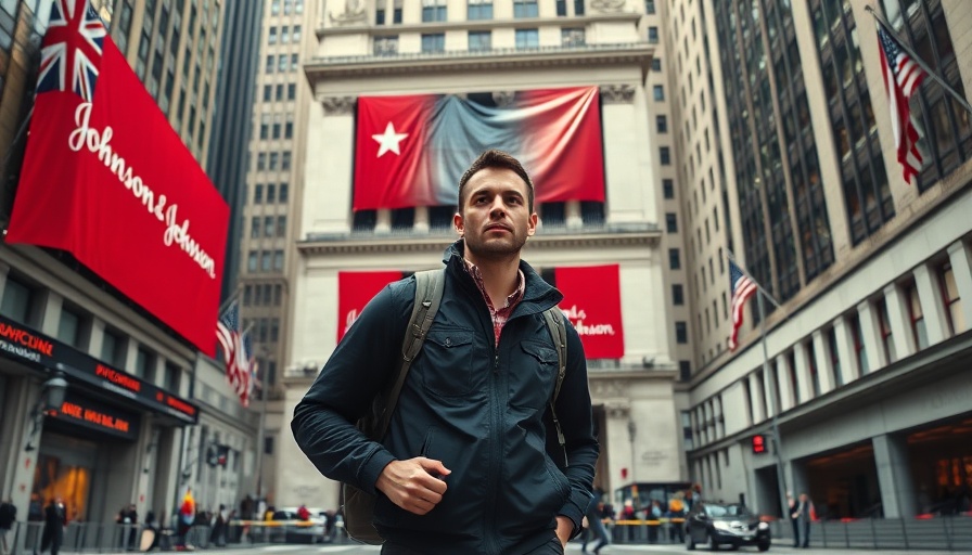 People walk past New York Stock Exchange with Johnson & Johnson banners.