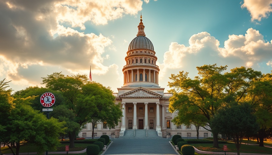 Mississippi State Capitol surrounded by trees under a bright sky.