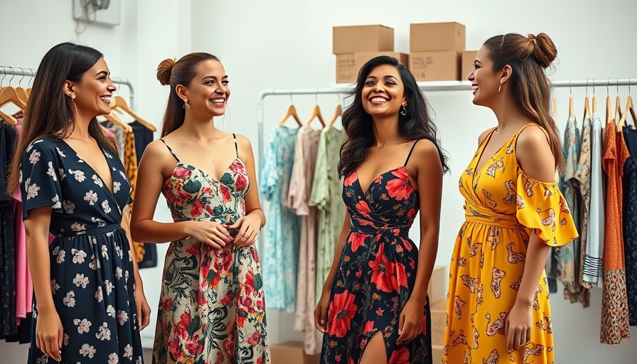 Fashion photoshoot with women in stylish dresses and clothing rack.