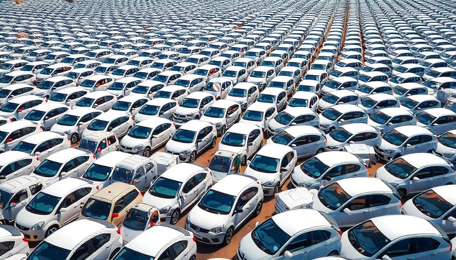 Trump Tariff Liberation Day cars parked in rows reflecting sunlight.