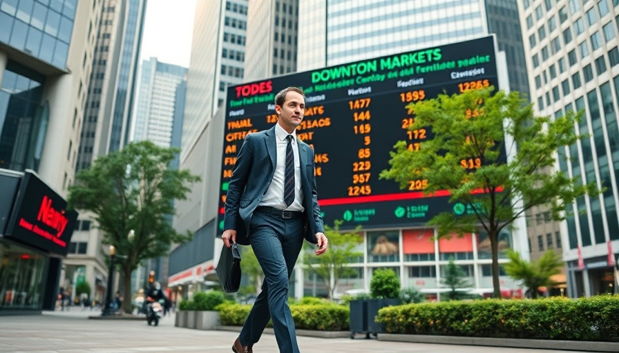 Investor in city passes stock board showing market decline.