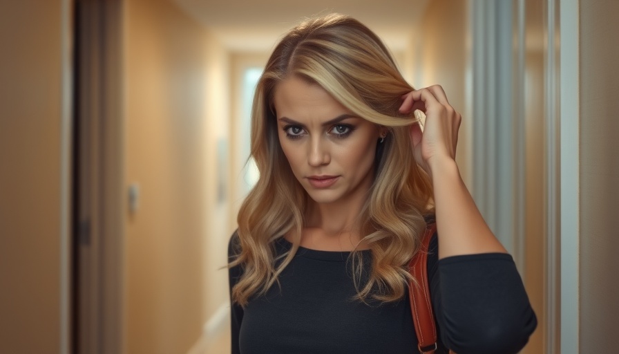 Marine Le Pen judgment implications visualized with woman in hallway adjusting hair