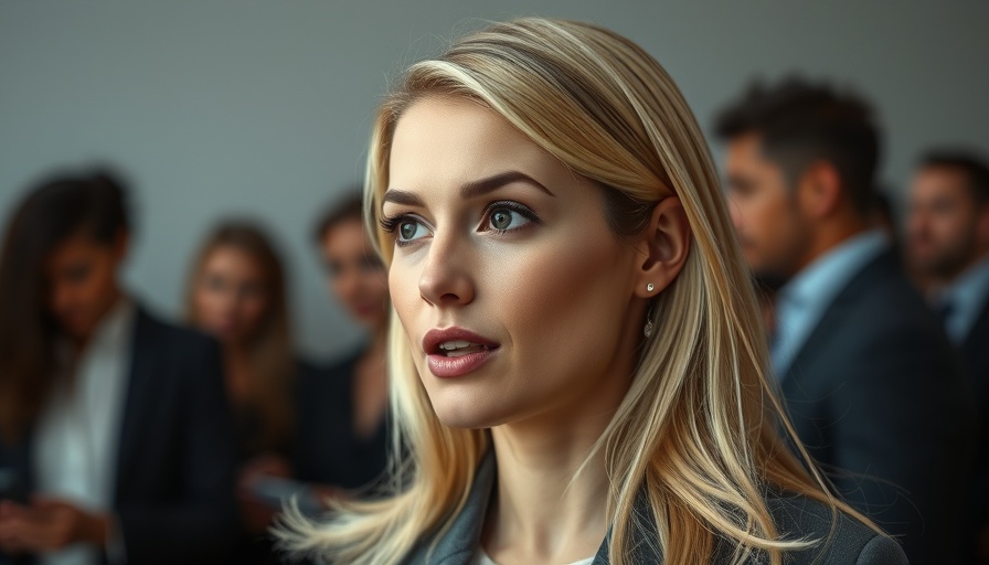 Blonde woman speaking calmly at an event.