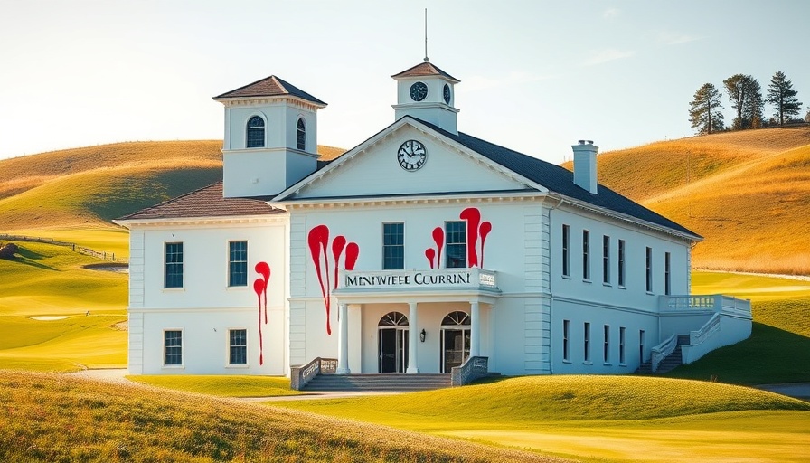Golf course building with red paint splashes on facade.
