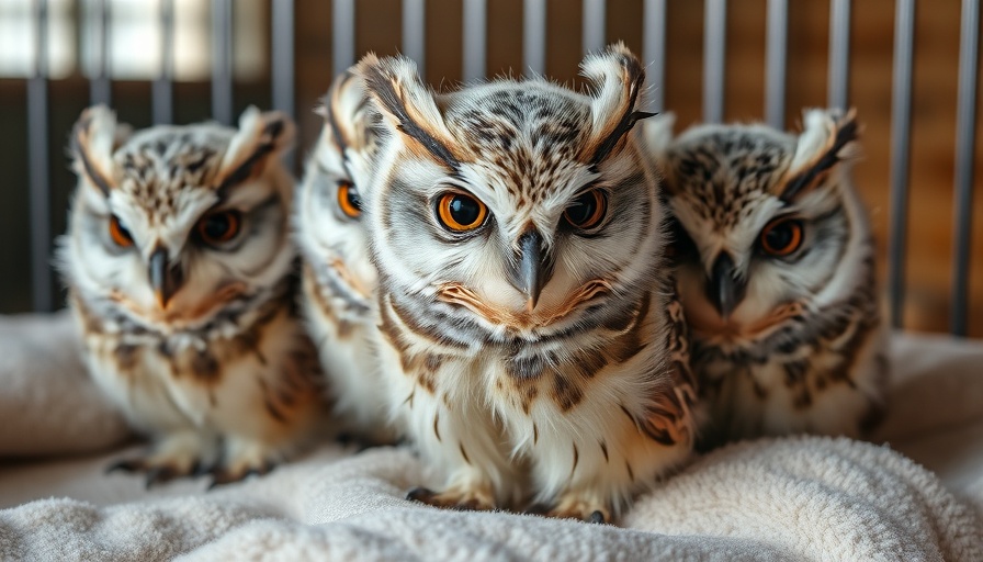 Close-up of great horned owlets in a reunion setting.