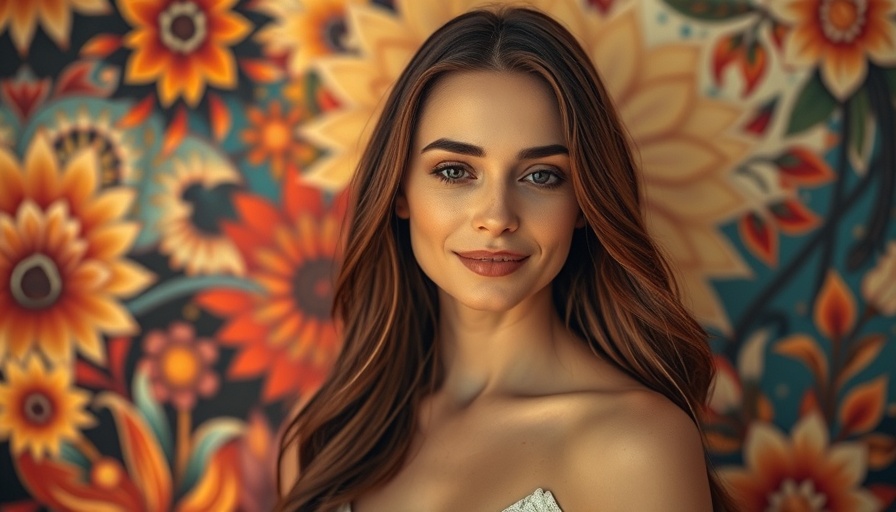 Elegant woman stands against a colorful abstract backdrop.