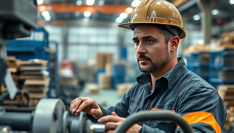 Thoughtful construction worker in factory, inspecting machinery