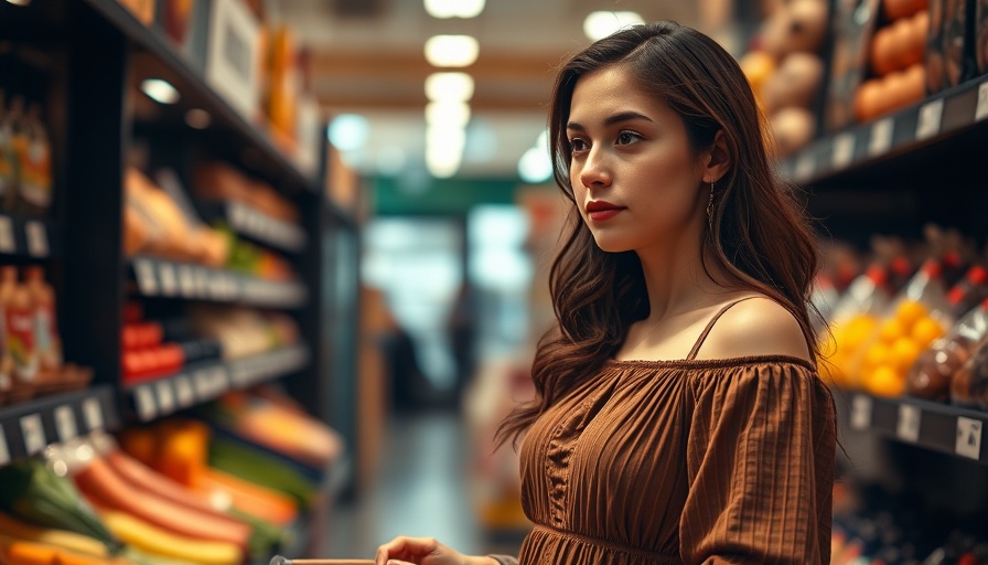 Young woman grocery shopping in a supermarket, considering keto diet.