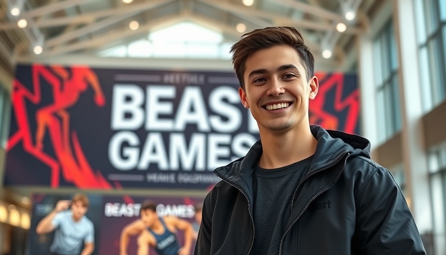 MrBeast standing by Beast Games banner at event, smiling confidently.