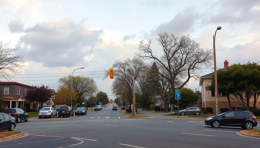 Suburban street intersection, cars and signage, local news scene
