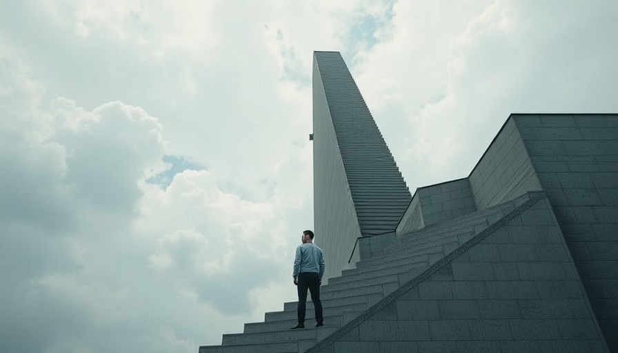 Person standing at bottom of massive staircase under cloudy sky.
