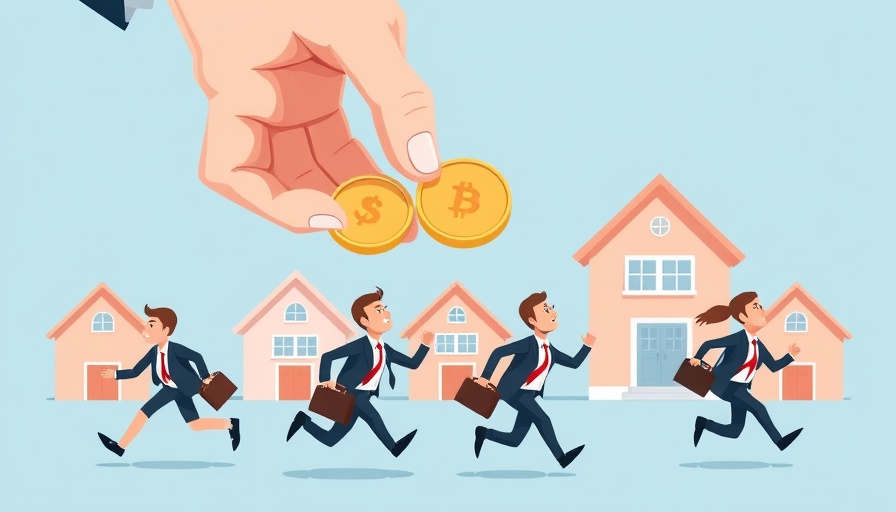 Cartoon businessmen in real estate secondaries fundraising scene.