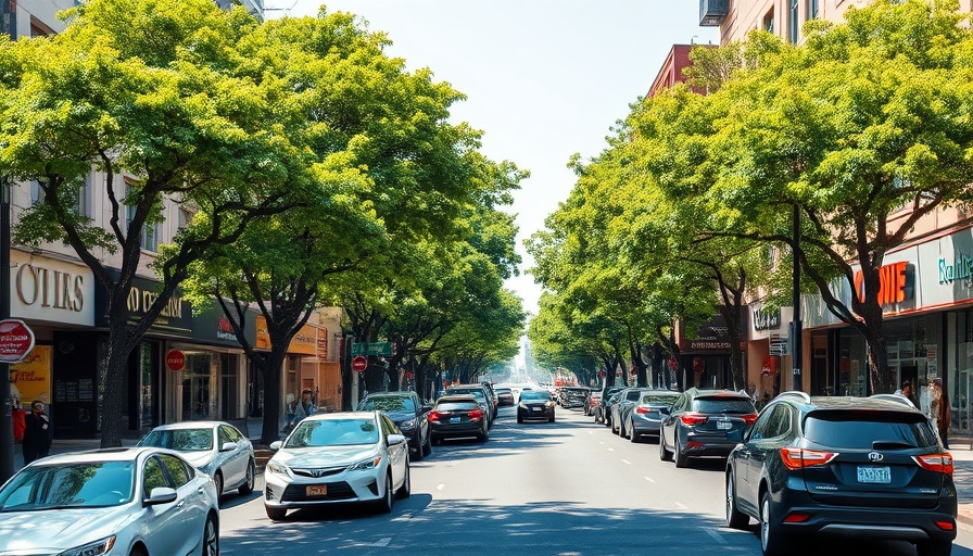 Vibrant street scene in Midpeninsula real estate market with trees and cars.