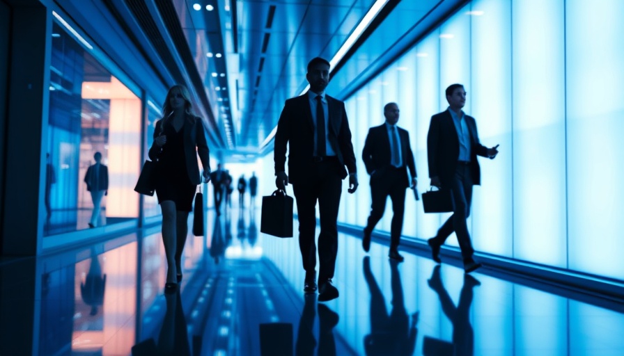 Business silhouettes in futuristic hallway, Motto Mortgage CEO retirement.