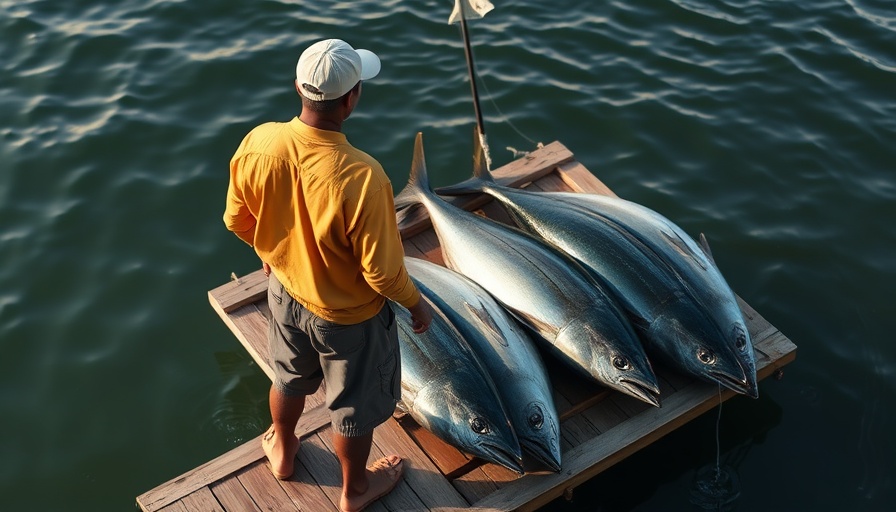 Fisherman with tuna on wooden raft showing greater transparency in fisheries.