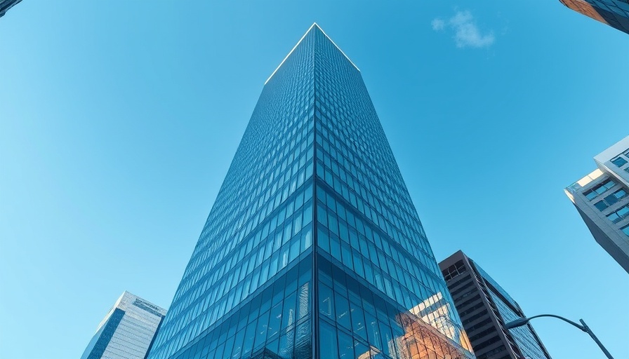 Modern skyscraper in urban setting against blue sky.