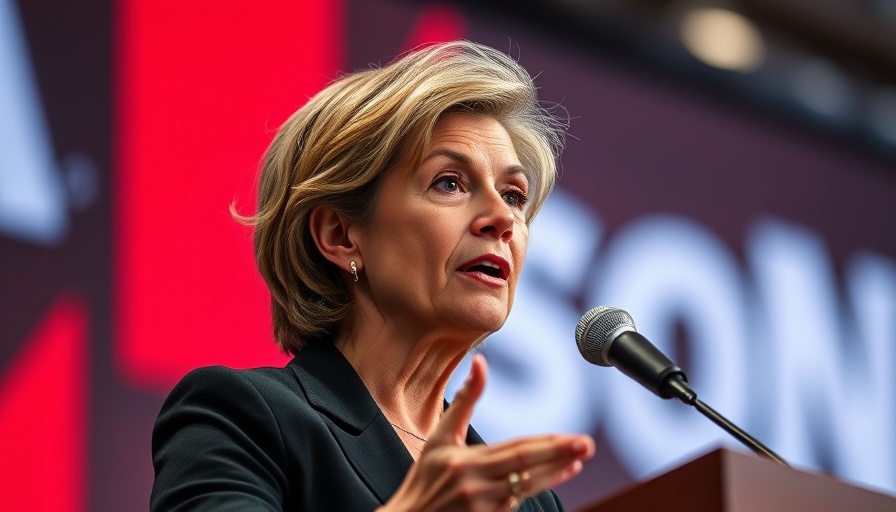 Middle-aged woman speaking at a conference in the tech industry.