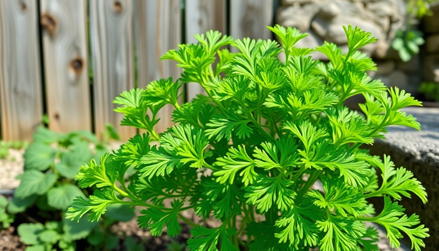 Lush parsley in home garden against rustic fence.