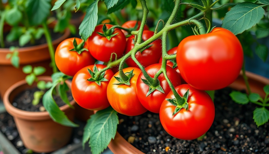 Ripe tomatoes growing in terracotta pot for vegetable gardening.
