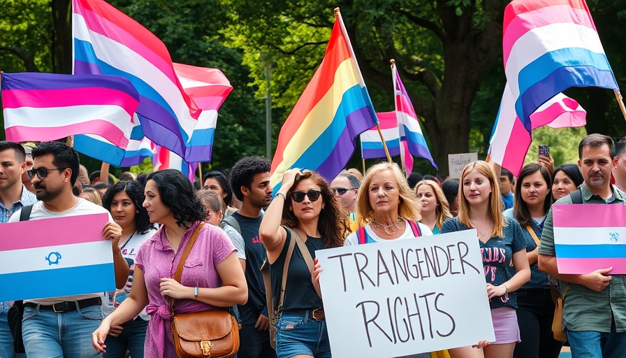 Demonstrators at a transgender rights rally holding banners.