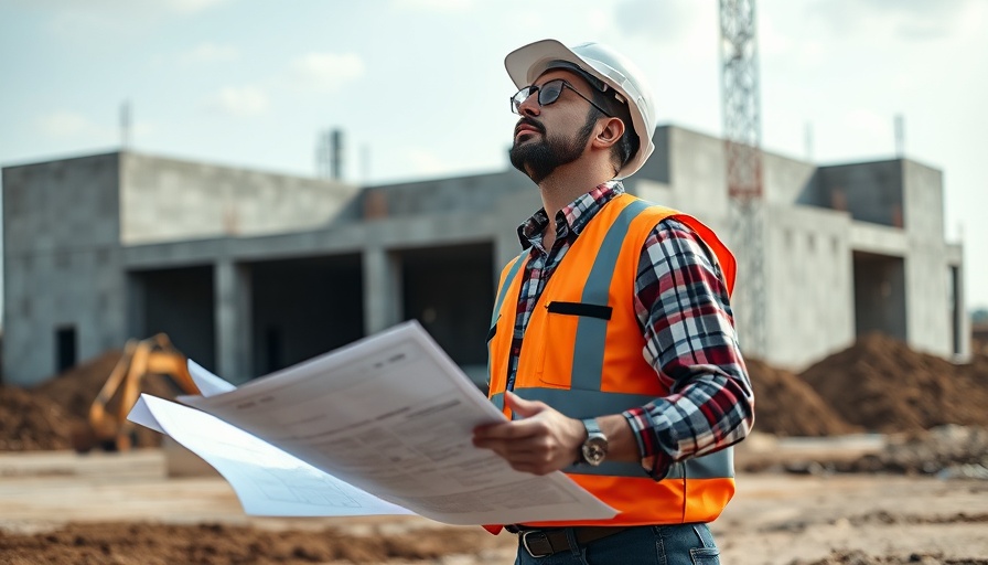Engineer with blueprints at a construction site, symbolizing AI in earthquake forecasting.