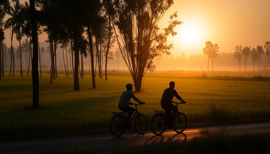 Cyclists in rice fields at sunrise, symbolizing renewable energy.