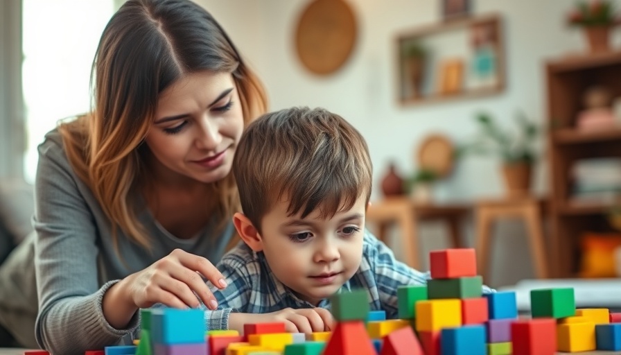 Young boy with woman playing with blocks in a home setting.
