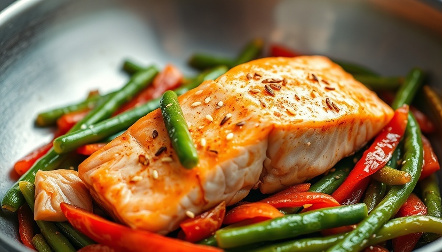 Easy weeknight salmon stir-fry with vegetables and sesame in a wok.