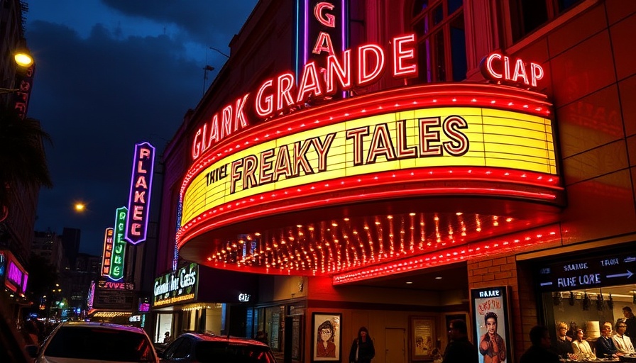 Freaky Tales Oakland sign at Grand Lake Theater at night.
