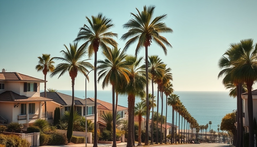 Sunny California street with palm trees and houses.
